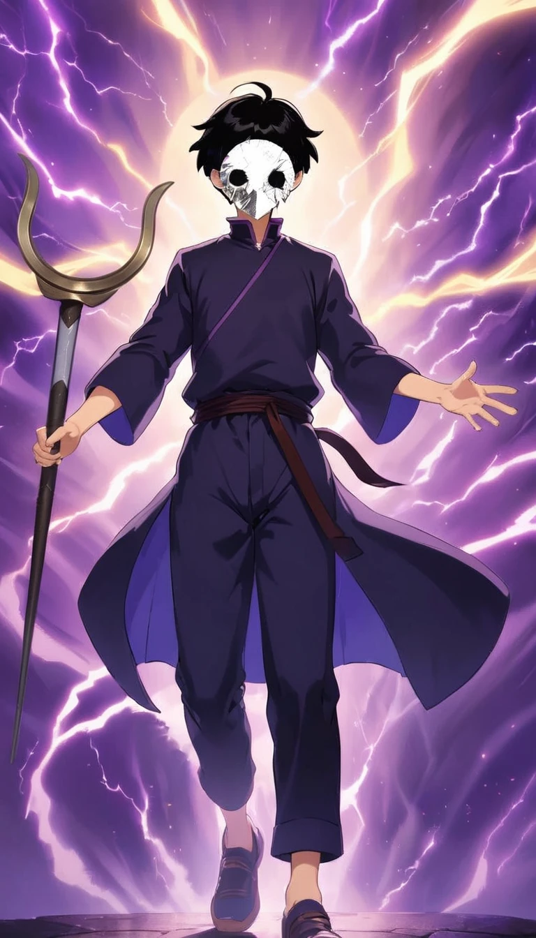 a boy in a white mask,holding a magic staff,purple lightning background,detailed facial features,dramatic lighting,cinematic composition,fantasy scene,glowing purple lightning,epic fantasy,hyper detailed,highly detailed,incredibly detailed,masterpiece,ultra-detailed,8k,4k,best quality,photorealistic