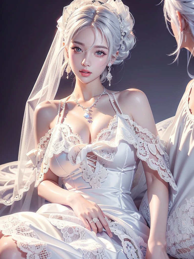 White Background、Professional Lighting、(((Professional Lighting 1.5)))、Translucent skin texture、Beautiful Skin、Beautiful Skin、、(((Whitening 1.5)))、、、音符のEcstasy、((White lace dress 1.5))、、Mid-shot photo、Simple earrings and necklace、((white hair))、Tie your hair up、sex appeal、Sex Appeal、Ecstasy、(((1.5))、