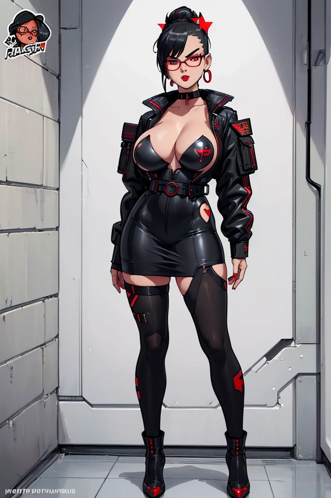 (masterpiece, best quality, high resolution, ((huge breasts)) 1 girl, black hair tied in a bun, red lips, glasses, black cyberpunk style full body military clothing, black pantyhose, black heels, black choker, , earrings, black cyberpunk style military cap, serious expression (white background, stickers. Redmond), ((full body standing)),
