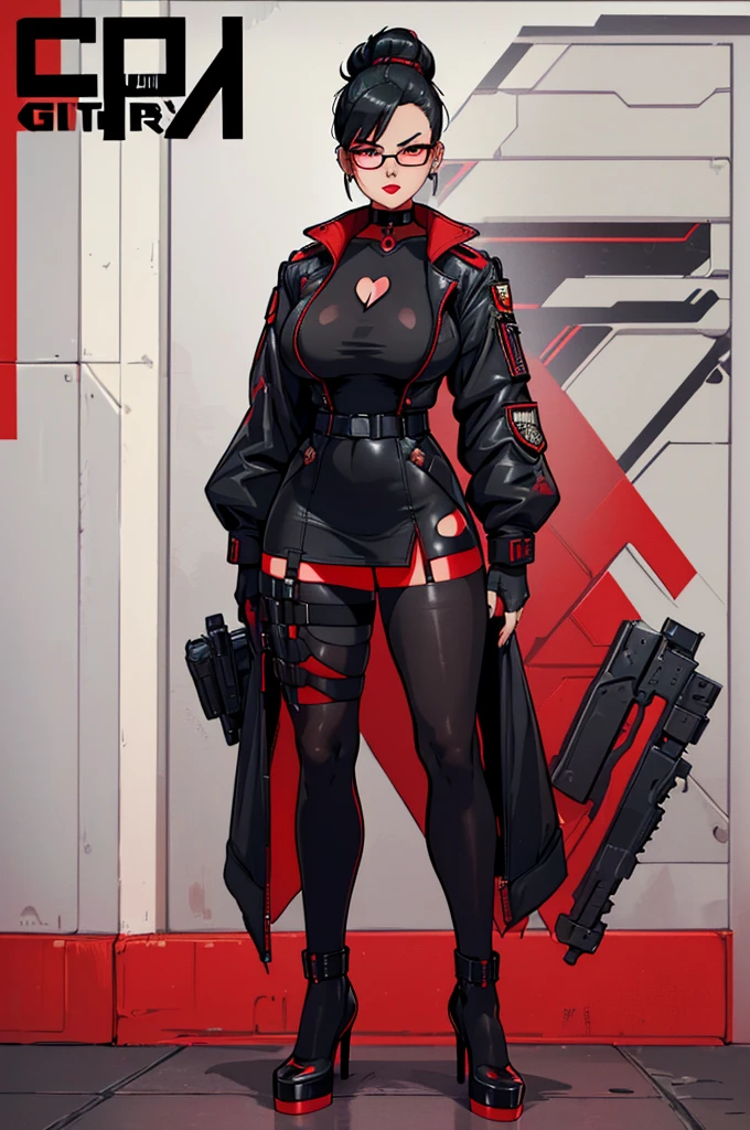 (masterpiece, best quality, high resolution, ((huge breasts)) 1 girl, black hair tied in a bun, red lips, glasses, black cyberpunk style full body military clothing, black pantyhose, black heels, black choker, , earrings, black cyberpunk style military cap, serious expression (white background, stickers. Redmond), ((full body standing)),
