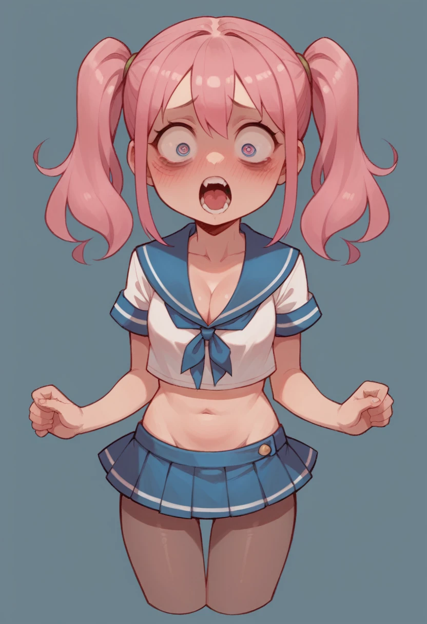 pantyhose,****,sailor,microskirt,cute,wariza,pink hair,blush,crop top,see throul,twintails,cleavage,crazy eyes,