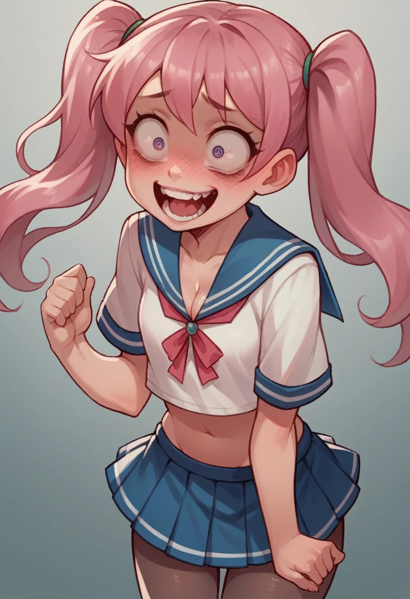 pantyhose,****,sailor,microskirt,cute,wariza,pink hair,blush,crop top,see throul,twintails,cleavage,crazy eyes,