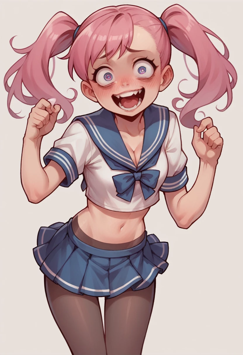 pantyhose,loli,sailor,microskirt,cute,wariza,pink hair,blush,crop top,see throul,twintails,cleavage,crazy eyes,