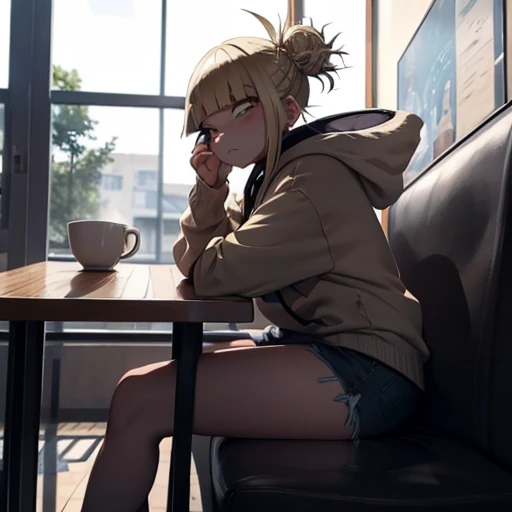 Himiko Toga, anime character from My Hero Academia, wearing an oversized grey hoodie, ripped denim shorts, and black sandals. She is sitting at a modern café table near the window, drinking a cappuccino with a thoughtful expression. The café has a cozy atmosphere with wooden furniture and soft lighting. [style: anime, background: café, pose: sitting, expression: thoughtful, lighting: soft]