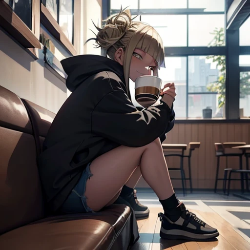 Himiko Toga, anime character from My Hero Academia, wearing an oversized grey hoodie, ripped denim shorts, and black sandals. She is sitting at a modern café table near the window, drinking a cappuccino with a thoughtful expression. The café has a cozy atmosphere with wooden furniture and soft lighting. [style: anime, background: café, pose: sitting, expression: thoughtful, lighting: soft]