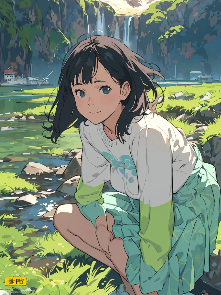 reasonable design, Clear lines, High Sharpness, (highest quality,8K,Perfect sharpness,Ultra fine,High resolution,masterpiece:1.2), Perfect Anatomy:1.5, Official Art, Illustrations that tell a story, (Whitish background:0. 9)、Body Positivity、More Mr.Physical expression、(Random and mischievous poses)、Perfect beauty、Perfect beautiful face、Strong winds、A rich expression、Dynamic composition、smile、Golden ratio composition、colorful、(Mr.Different angles and perspectives)、anime art、mini skirt、(Overcoming stereotypes)、 Glowing Skin、(Natural beauty)、smile、bangs、Straight Hair、(Soft and flowing hair)、(Rural Scenery)、(Nostalgic atmosphere)、Insert up to the thighs、(Playful and carefree)、(More Mr.Ethnic characters)、(innocent attitude)、(Sunny atmosphere)、Skirt flipped up、(Bright colors)、Belly button exposed、Beautiful Eyes、A skirt fluttering in the wind、Put it in to your feet、Some composition patterns、sensuous、Geometric pattern、emotional、Symposium cover、