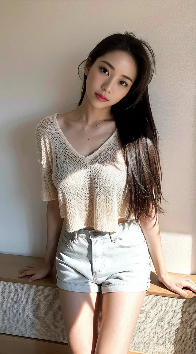  Highest quality, shape, Very detailed, finely, High resolution, 8k wallpaper, 完璧なダイナミックな構shape, Beautiful and exquisite,  Natural Lip, whole body, Navel exposure, front,Nipples、bangs、University classroom、White short-sleeved blouse、Pleated skirt、Brown Hair、(((Nipplesはピンク色)))、(((Thighs)))、The correct five fingers、Looking into the camera