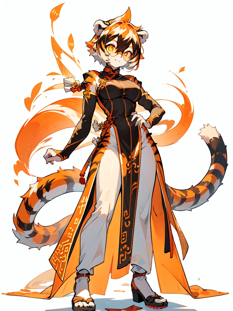 white background, full body,1girl，solo, Standing, animal ears, white hair, black hair, short hair, large breasts, Abdominal muscles,, tail, orange eyes, orange hair, multicolored hair, tiger girl, hair between eyes, tiger_ears, tiger_tail, orange-tinted_eyewear, tinted_eyewear, big breasts, evil smile, Shadows under feet,  (((Chinese wedding dress outfit:1.2))),