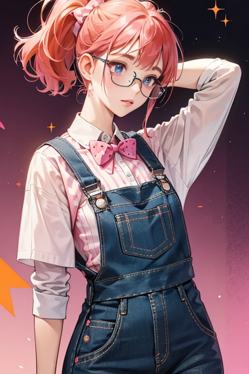 Specs shares many similarities with her older sister, Bea: fair skin, pink cheeks, blue eyes, and orange-red hair. She has straight cut bangs and a little bit of hair worn at the top of her head in a ponytail held with a magenta bow. She also wears a big pair of magenta/fuchsia glasses over her eyes with tape in the center, holding the two pieces together, which implies that they have been damaged recently.
Specs' attire almost resembles a , much like her older sister's. She has a white shirt with a small pink colorful tie. Worn over this is a pair of black overalls with magenta shoulder straps, a big pocket, and a button below both straps. Her outfit has many small pink polka dots over it, while the rolled up parts of her overalls reveal colorful pink cloth. Specs wears white socks with a single orange stripe around the top and fuchsia Mary Janes with an orange button on each strap on the outer side. SPARKLE; GLITTER