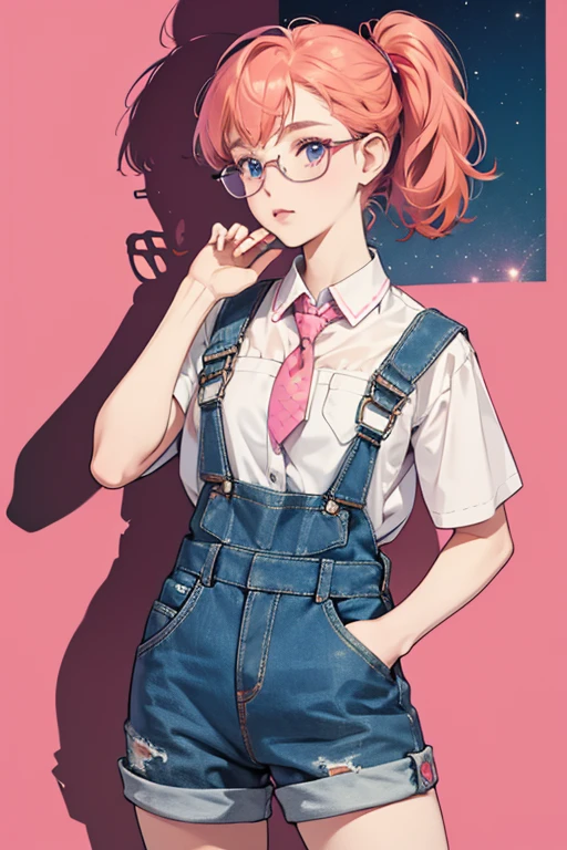Specs shares many similarities with her older sister, Bea: fair skin, pink cheeks, blue eyes, and orange-red hair. She has straight cut bangs and a little bit of hair worn at the top of her head in a ponytail held with a magenta bow. She also wears a big pair of magenta/fuchsia glasses over her eyes with tape in the center, holding the two pieces together, which implies that they have been damaged recently.
Specs' attire almost resembles a , much like her older sister's. She has a white shirt with a small pink colorful tie. Worn over this is a pair of black overalls with magenta shoulder straps, a big pocket, and a button below both straps. Her outfit has many small pink polka dots over it, while the rolled up parts of her overalls reveal colorful pink cloth. Specs wears white socks with a single orange stripe around the top and fuchsia Mary Janes with an orange button on each strap on the outer side. SPARKLE; GLITTER