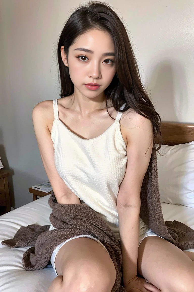 Dark brown hair、Light brown eyes、Japanese actress、 Lady、I am about 40 years old........、(Intricate details:1.2)、(Which is the top????????:1.4)、 (Ultra-high resolution:1.2)、Ultra-high resolution、(fine adjustment)、(Detailed facial features)、Hmph、8k resolution、D cup size breasts、Long Hair、Bedroom、disease、ベッドでdisease、Place a towel on your forehead to cool it down、Lying in bed、Please cover yourself with a blanket、Full body photo、Wide-angle、