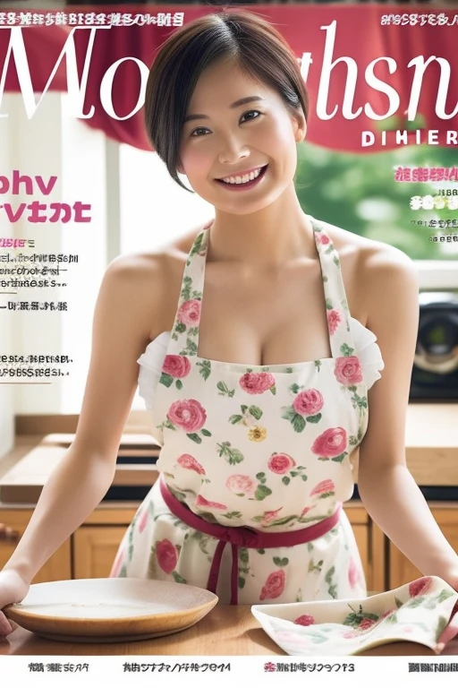 (Highest quality, masterpiece), Cover of a cooking magazine for women, One girl, 30 years old, amazing, cute, Heartwarming Smile, Hourglass Shape, Wearing a floral dress, apron, Beautiful Food, article, Chart, advertisement, Magazine Title、branch,Huge 、