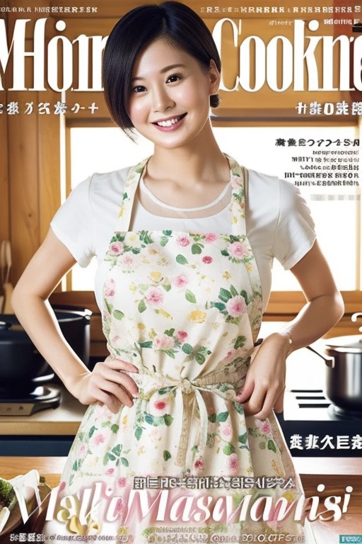 (Highest quality, masterpiece), Cover of a cooking magazine for women, One girl, 30 years old, amazing, cute, Heartwarming Smile, Hourglass Shape, Wearing a floral dress, apron, Beautiful Food, article, Chart, advertisement, Magazine Title、branch,Huge 、