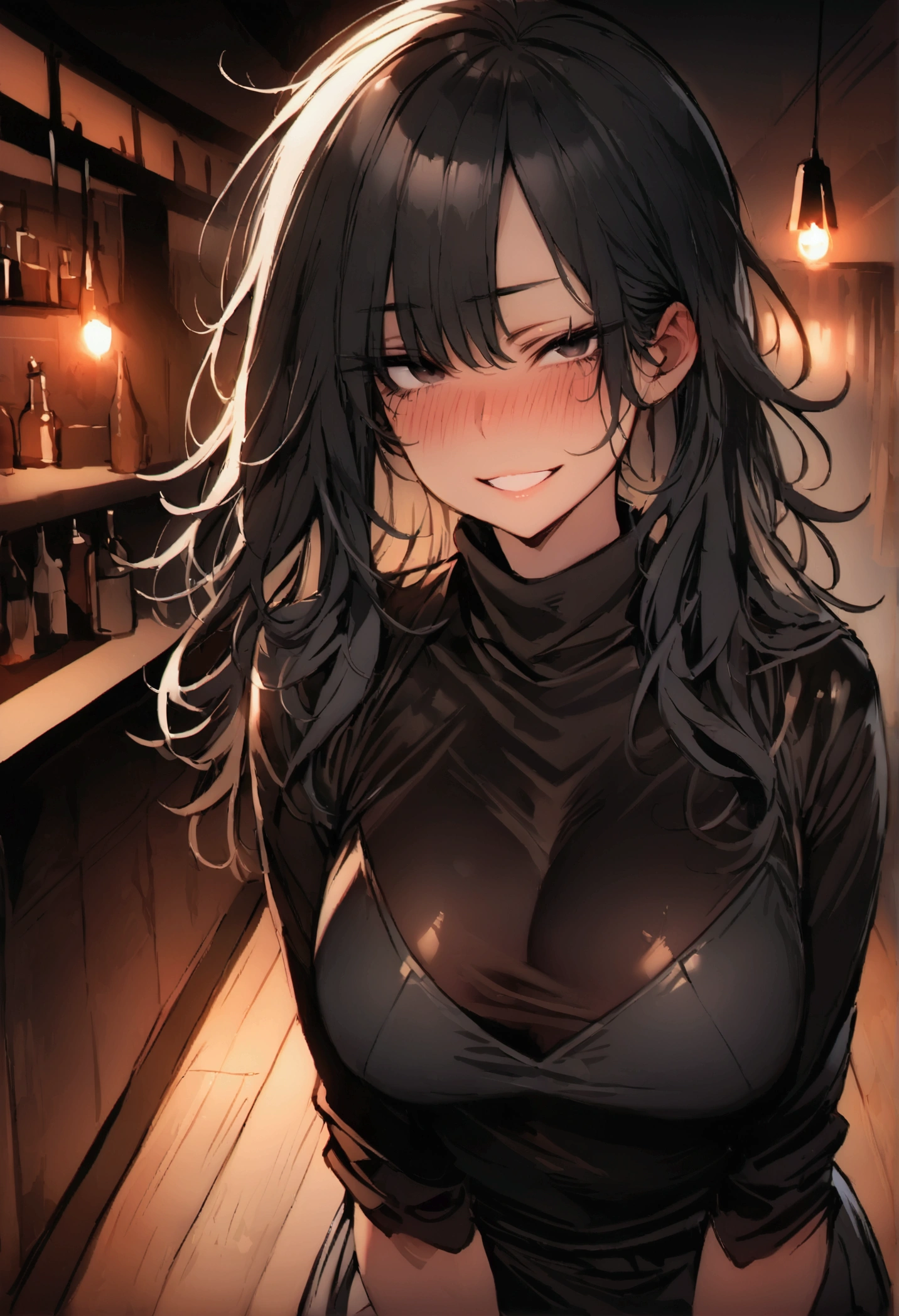 masterpiece, best quality 1girl, solo, beautiful woman, dark tanned skin, bangs, black hair, shoulder length messy hair, black eyes, deep blush, grin, medium breasts, black turtle neck sweeter, short black skirt, plated skirt, looking at viewer, bar background