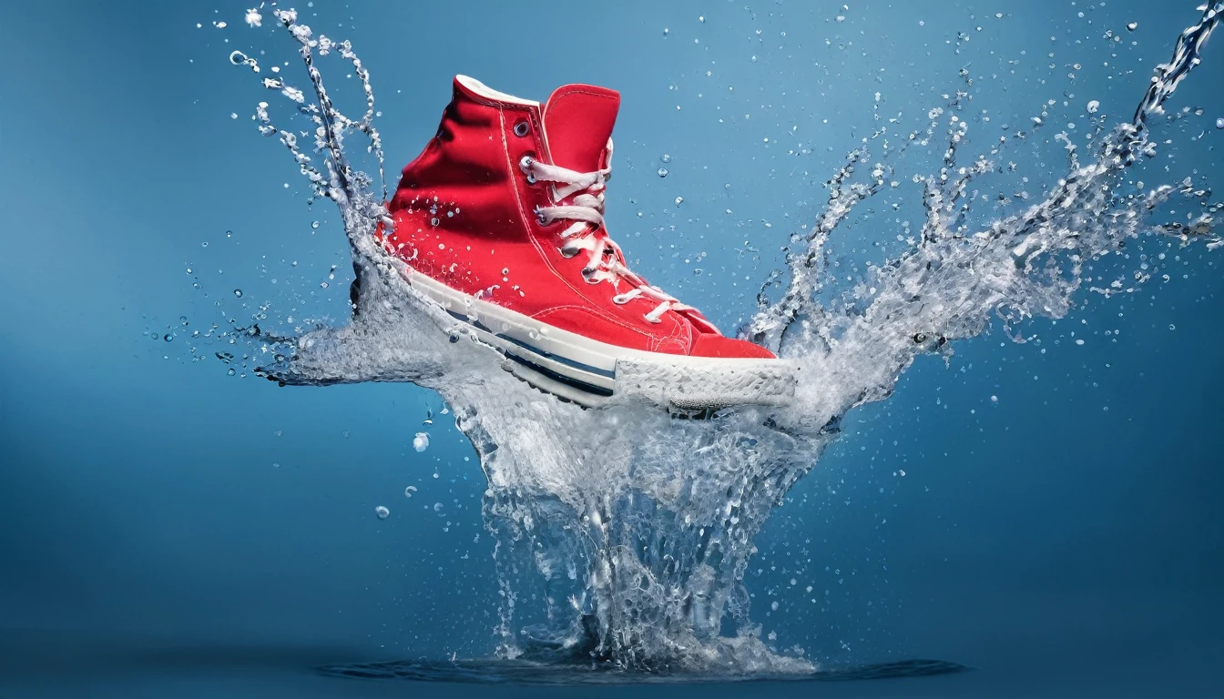 a picture of a shoe splashing down on water like in a commercial, juicy kicks
