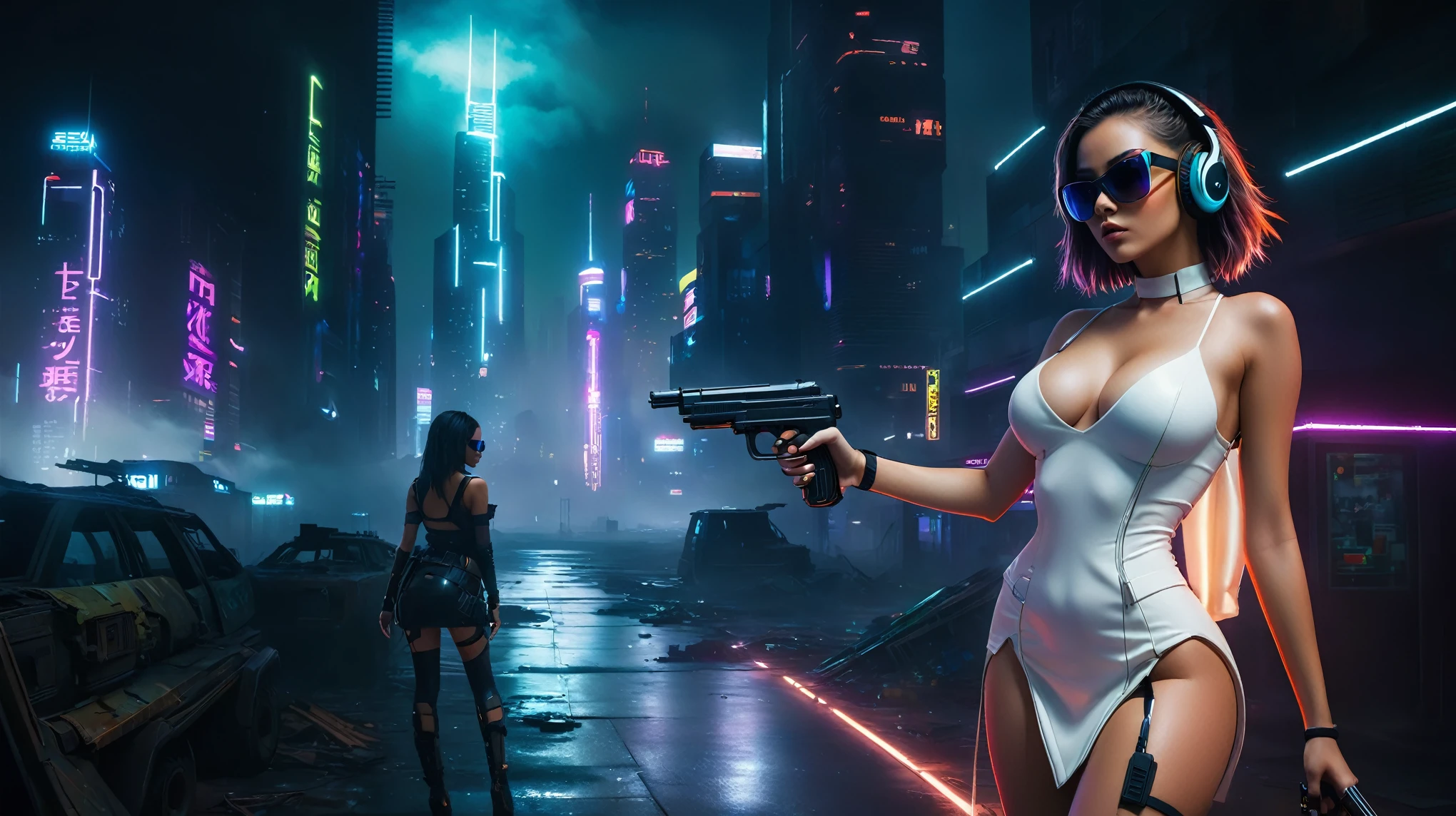dark futuristic landscape, at night, neon lights, Atmospheric fog, large buildings in the background, futuristic city, streets with open shops, skyscraper (postapocalyptic city:1.3). (((1girl, solo, alone))), large-:1.2 slim body, cleavasexy miniskirt((headphone, black sunglasses, standing and holding pistol pose))), (((half-body thigh level medium shot))), cinematic lighting, lens flare, ray tracing.