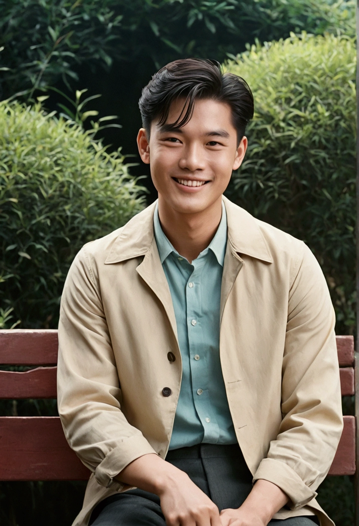 一张 60 年代的老式颗粒状low quality写实照片, A handsome young James smiling, Sitting on a bench, 60&#39;s quality,1960s Grainy, low quality, Worst quality