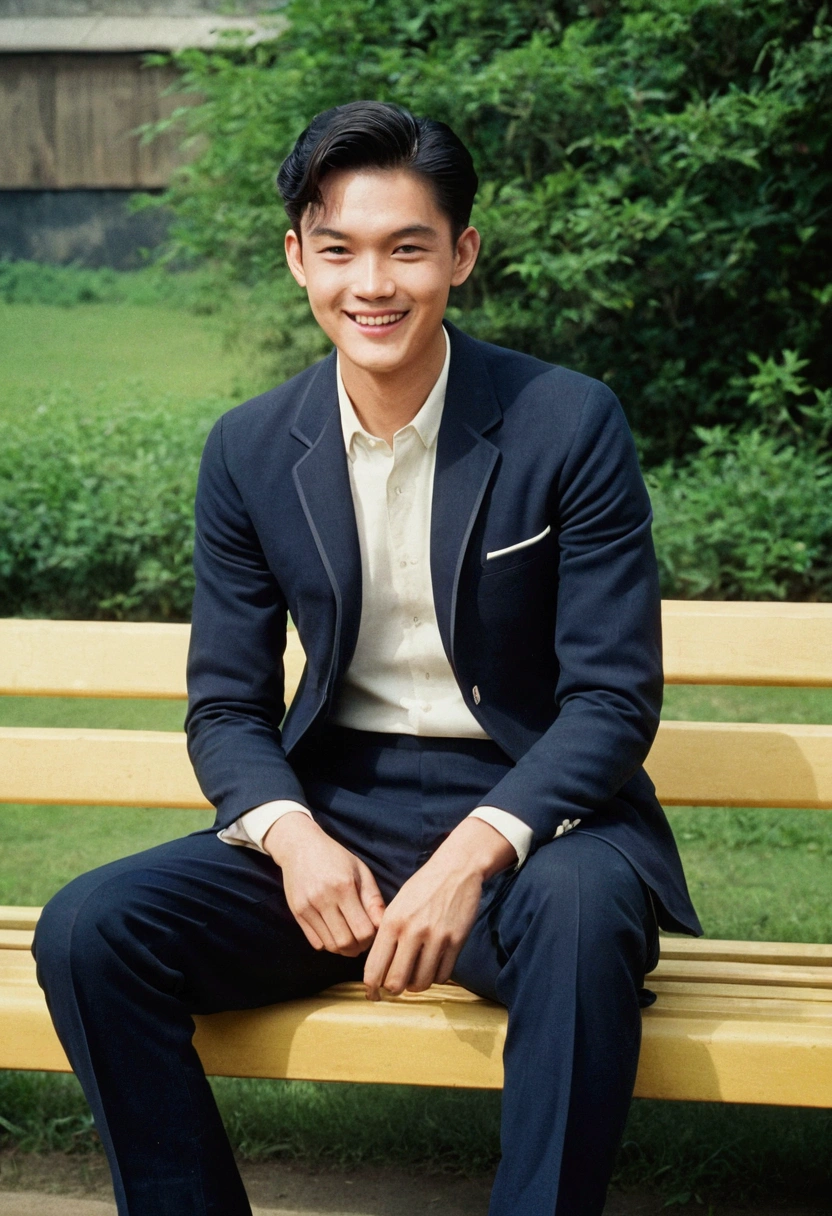 一张 60 年代的老式颗粒状low quality写实照片, A handsome young James smiling, Sitting on a bench, 60's quality,1960s Grainy, low quality, Worst quality