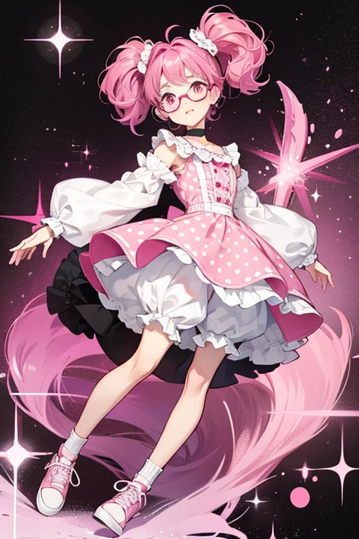 Silly Hair Specs wears a cute pink dress with tiny white polka dots and collar. The ends of her sleeves are black, matching her black and white tennis shoes with bright magenta shoelaces. Her bloomers are a reddish-magenta color. She wears her normal glasses. SPARKLE; GLITTER
