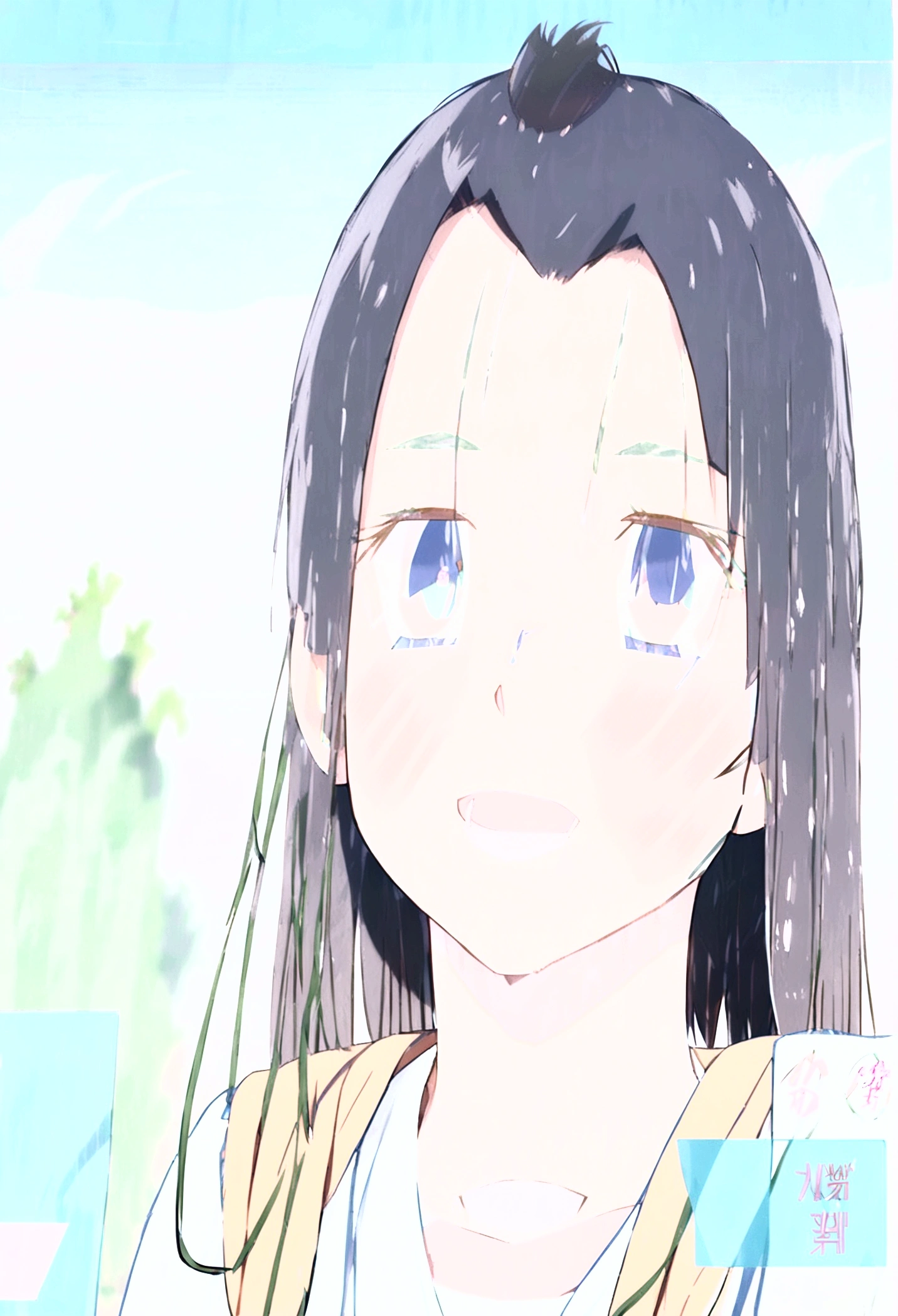 Create complete character model Rin Nanakura, the anime GIJI HAREM, based on reference image, change clothing style to a white blouse, wear a black miniskirt, daring pose, preserving his expression on his face