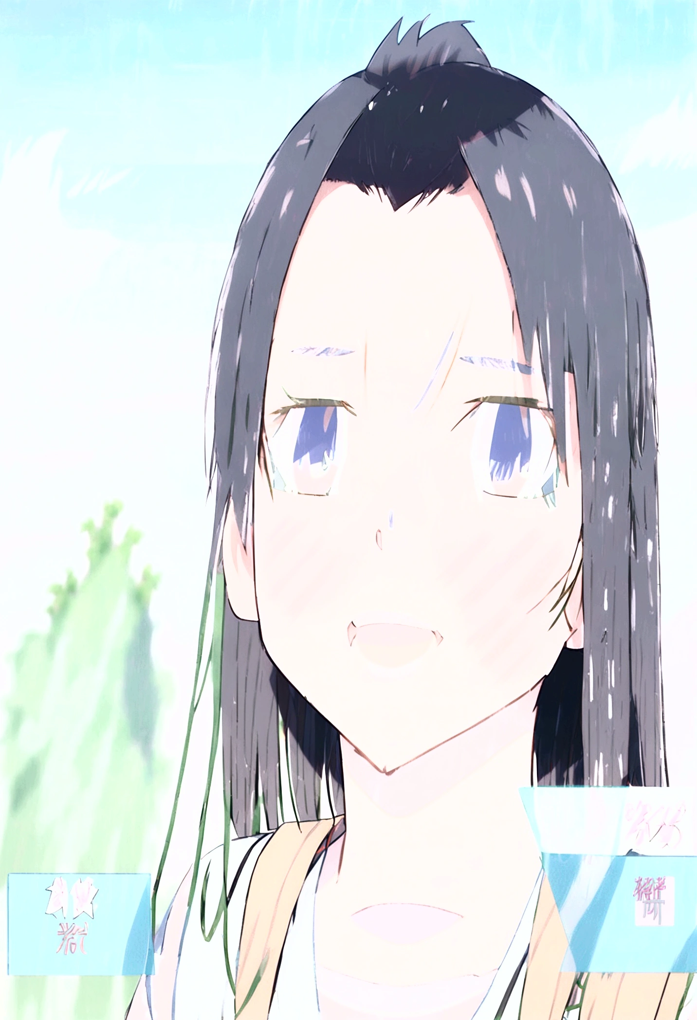 Create complete character model Rin Nanakura, the anime GIJI HAREM, based on reference image, change clothing style to a white blouse, wear a black miniskirt, daring pose, preserving his expression on his face