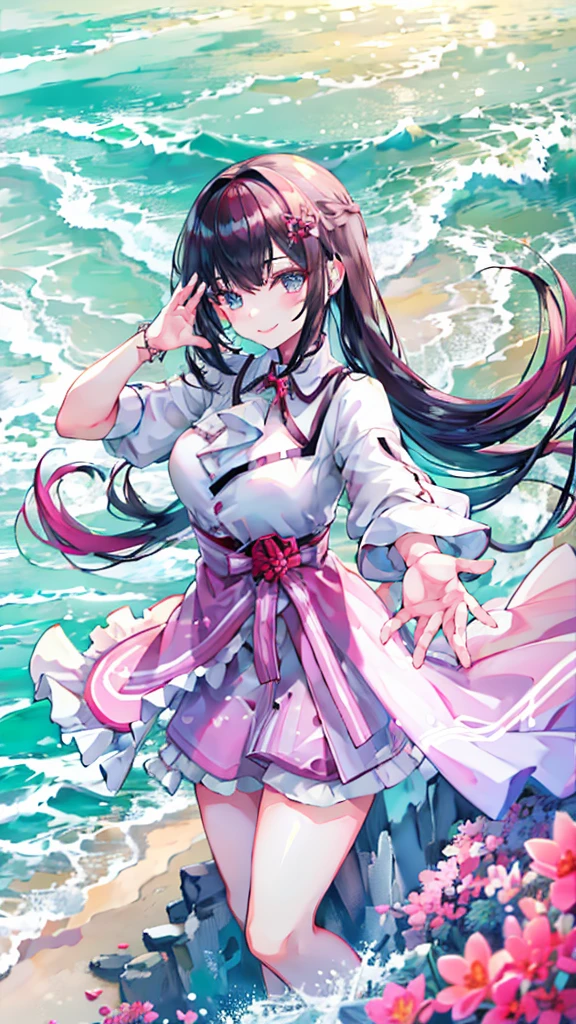 smile、Model pose、Dynamic Pose、Adult women、(((masterpiece、Highest quality、high resolution)))、long hair、Pink inner color、water、Ocean