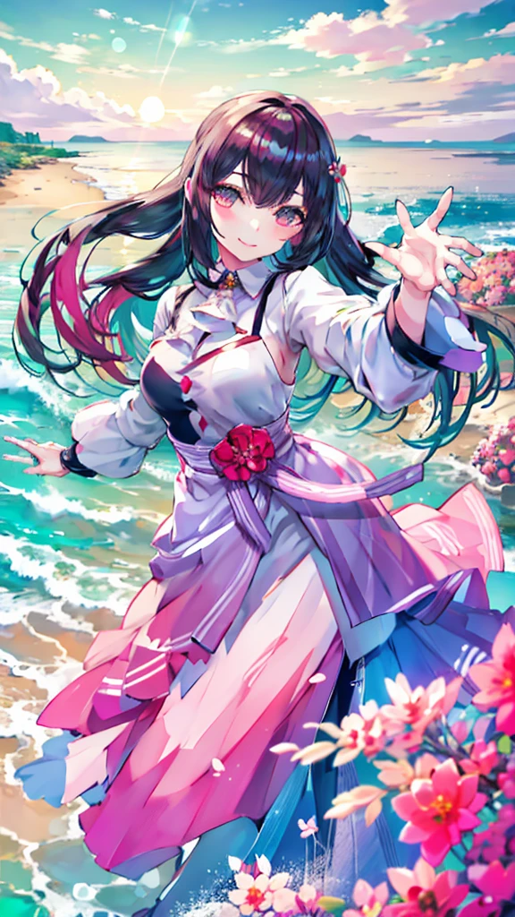 smile、Model pose、Dynamic Pose、Adult women、(((masterpiece、Highest quality、high resolution)))、long hair、Pink inner color、water、Ocean