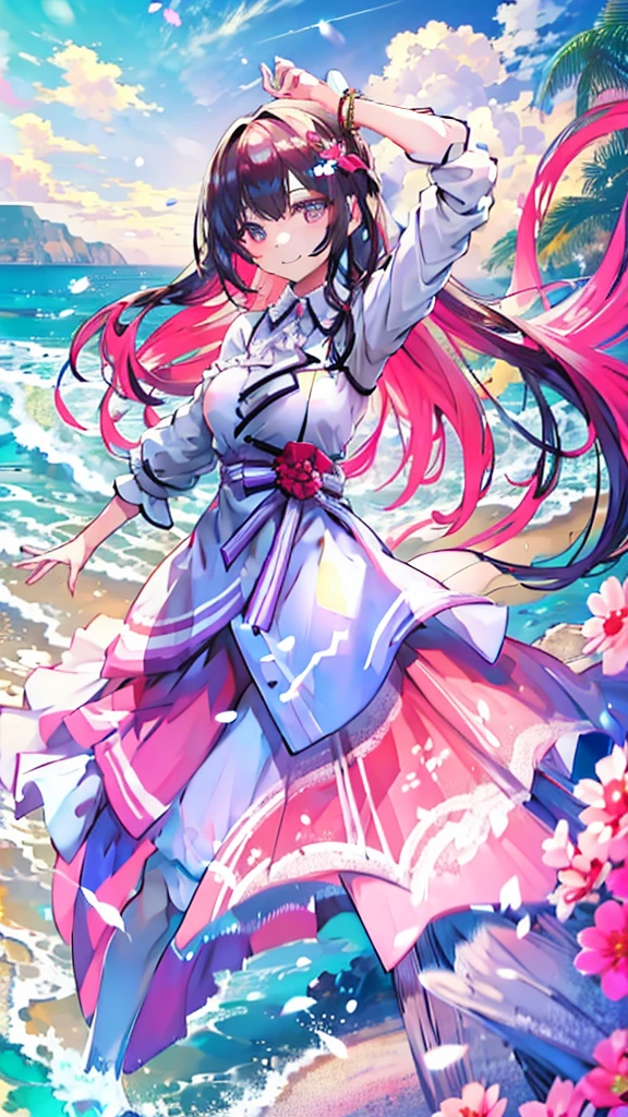 smile、Model pose、Dynamic Pose、Adult women、(((masterpiece、Highest quality、high resolution)))、long hair、Pink inner color、water、Ocean