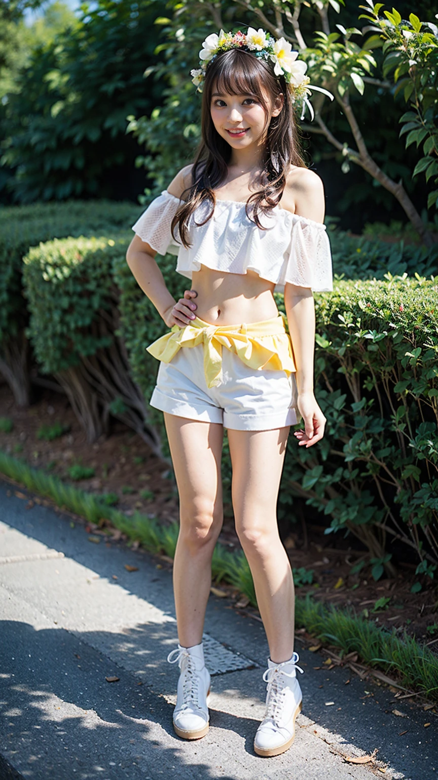 (8k、RAW Photos、Highest quality、masterpiece:1.2)、(Highest quality、Realistic)、1 Girl、((Frills、Yellow tube top、Shorts、leather、Off the shoulder、Idol Costume、ribbon、See-through、Thin legs、whole body、boots、garden、View from the front、Looking into the camera、Stand with hands on hips))、cute