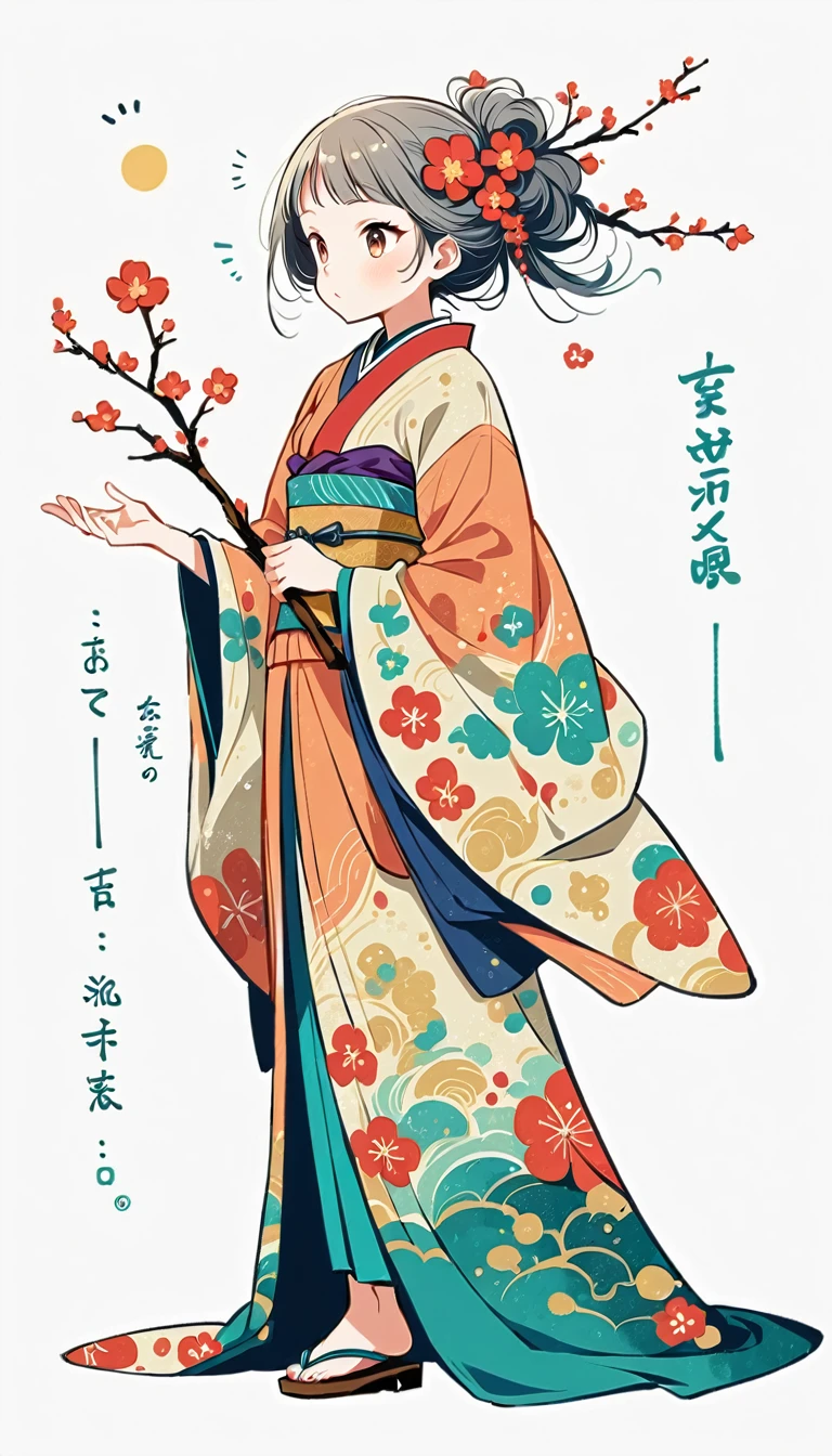 white background, Fujichoco style, kimono, (((The Most Beautiful Girl))),  gray hair, ((plum tree, Plum blossoms)), simple background, Simple line initialism, full body, 