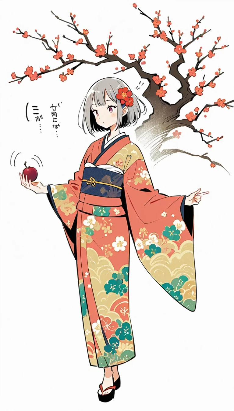 white background, Fujichoco style, kimono, (((The Most Beautiful Girl))),  gray hair, ((plum tree, Plum blossoms)), simple background, Simple line initialism, full body, 