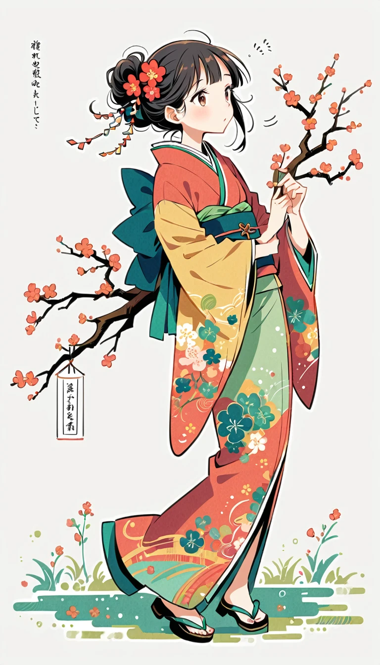 white background, Fujichoco style, kimono, (((The Most Beautiful Girl))),  gray hair, ((plum tree, Plum blossoms)), simple background, Simple line initialism, full body, 