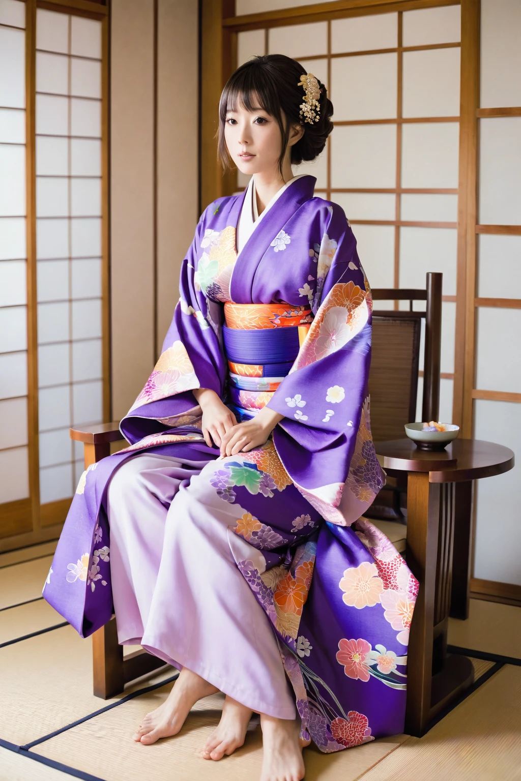 araffe in a purple kimono sitting on a chair in a room, in kimono, in a kimono, wearing royal kimono, wearing kimono, wearing a kimono, yukata, Wearing a colorful yukata, classy yukata, Akemi Takada, japanese kimono, juri misaki, wearing a haori, Kotegawa Yui, kimono