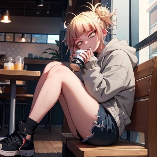 Himiko Toga, anime character from My Hero Academia, wearing an oversized grey hoodie, ripped denim shorts, and black sandals. She is sitting at a modern café table near the window, drinking a cappuccino with a thoughtful expression. The café has a cozy atmosphere with wooden furniture and soft lighting. [style: anime, background: café, pose: sitting, expression: thoughtful, lighting: soft]