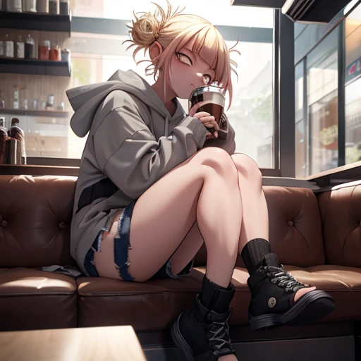 Himiko Toga, anime character from My Hero Academia, wearing an oversized grey hoodie, ripped denim shorts, and black sandals. She is sitting at a modern café table near the window, drinking a cappuccino with a thoughtful expression. The café has a cozy atmosphere with wooden furniture and soft lighting. [style: anime, background: café, pose: sitting, expression: thoughtful, lighting: soft]