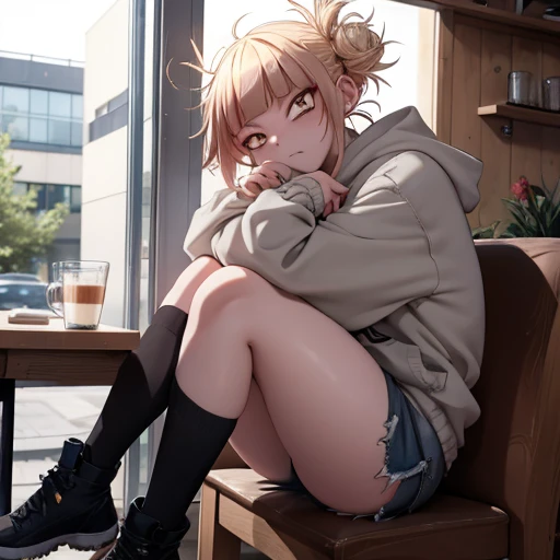 Himiko Toga, anime character from My Hero Academia, wearing an oversized grey hoodie, ripped denim shorts, and black sandals. She is sitting at a modern café table near the window, drinking a cappuccino with a thoughtful expression. The café has a cozy atmosphere with wooden furniture and soft lighting. [style: anime, background: café, pose: sitting, expression: thoughtful, lighting: soft]