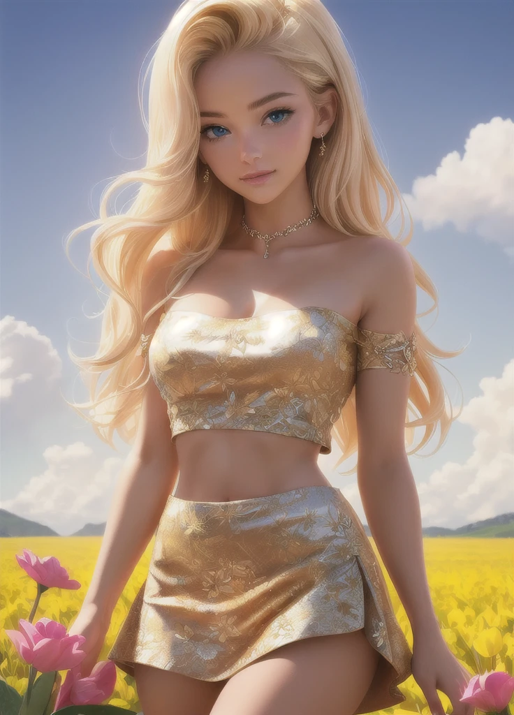 0l1d7,  blonde hair,, (32K resolution, masterpiece, ultra high quality, best quality, ultra high definition, perfect anatomy, Incredibly detailed, RAW,, photorealistic, cinematic lighting, exquisitely detailed, extremely intricate, 8k UHD, high resolution), (1girl), cropped  off-shoulder tank top,  skirt, elegant hair, standing in the middle of a flower field,  seductive smile, dynamic vivid colors