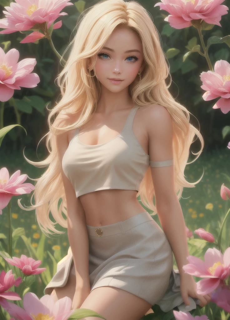 0l1d7,  blonde hair,, (32K resolution, masterpiece, ultra high quality, best quality, ultra high definition, perfect anatomy, Incredibly detailed, RAW,, photorealistic, cinematic lighting, exquisitely detailed, extremely intricate, 8k UHD, high resolution), (1girl), cropped  off-shoulder tank top,  skirt, elegant hair, standing in the middle of a flower field,  seductive smile, dynamic vivid colors