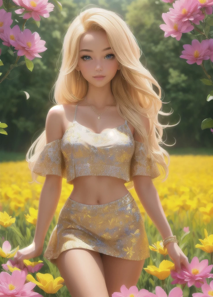 0l1d7,  blonde hair,, (32K resolution, masterpiece, ultra high quality, best quality, ultra high definition, perfect anatomy, Incredibly detailed, RAW,, photorealistic, cinematic lighting, exquisitely detailed, extremely intricate, 8k UHD, high resolution), (1girl), cropped  off-shoulder tank top,  skirt, elegant hair, standing in the middle of a flower field,  seductive smile, dynamic vivid colors