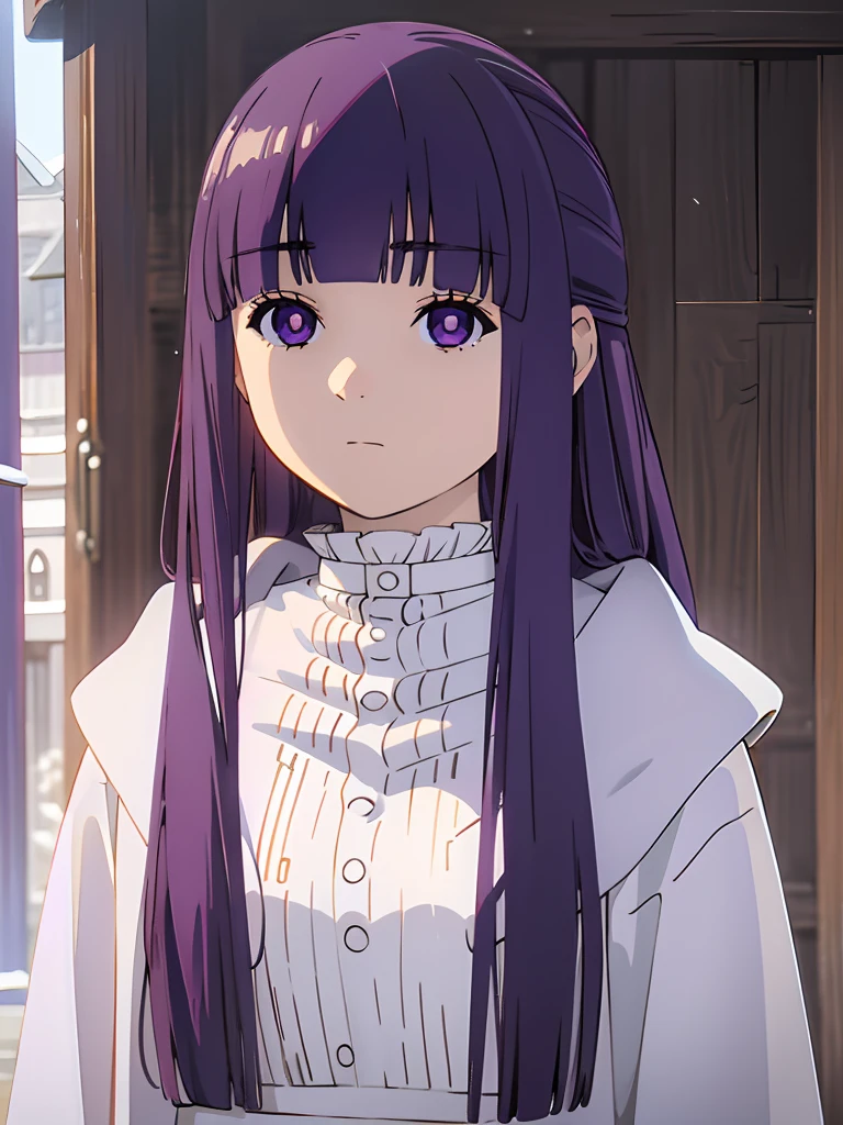 ((masterpiece)),(best quality),official art,extremely delicate and beautiful,extremely detailed CG,unity 8k wallpaper,ultra detailed,beautiful detailed eyes,extremely detailed face,outdoors,1girl,solo,upper body,(portrait:1.5),looking at viewer,facing viewer,expressionless,long hair,purple hair,straight hair,half updo,hime cut,sidelocks,blunt bangs,purple eyes,bright pupils,white pupils,hooded robe,hood down,black robe,white shirt,frills,buttons,long sleeves,medium breasts,long skirt,white skirt,black boots,