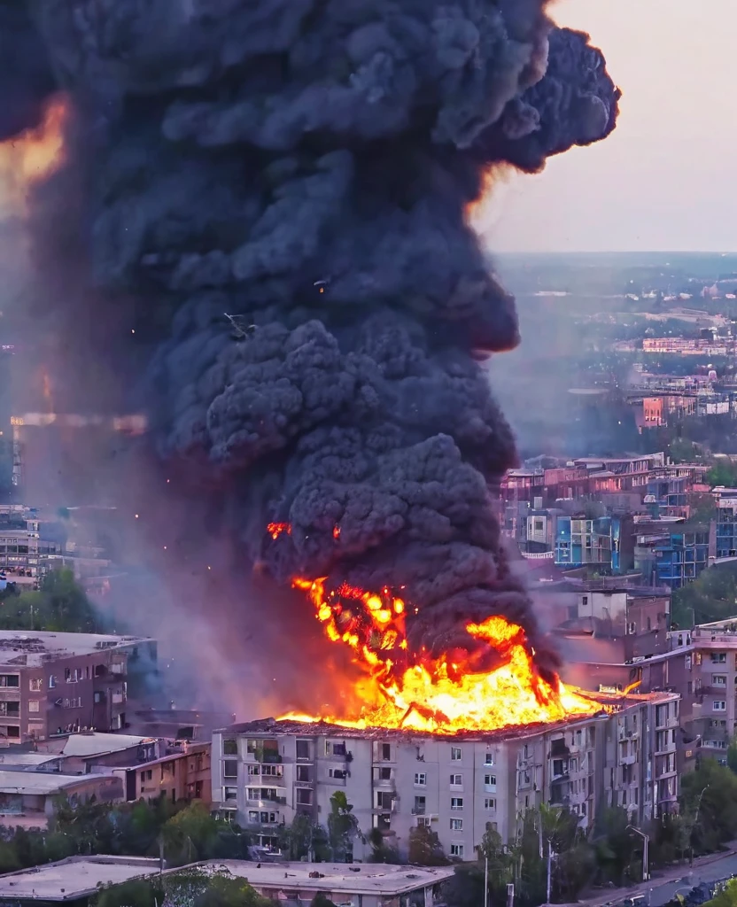 Buildings destroy by meteor, full zoomed, up buildings fire, helicopter fly, meteor crushing buildings,
