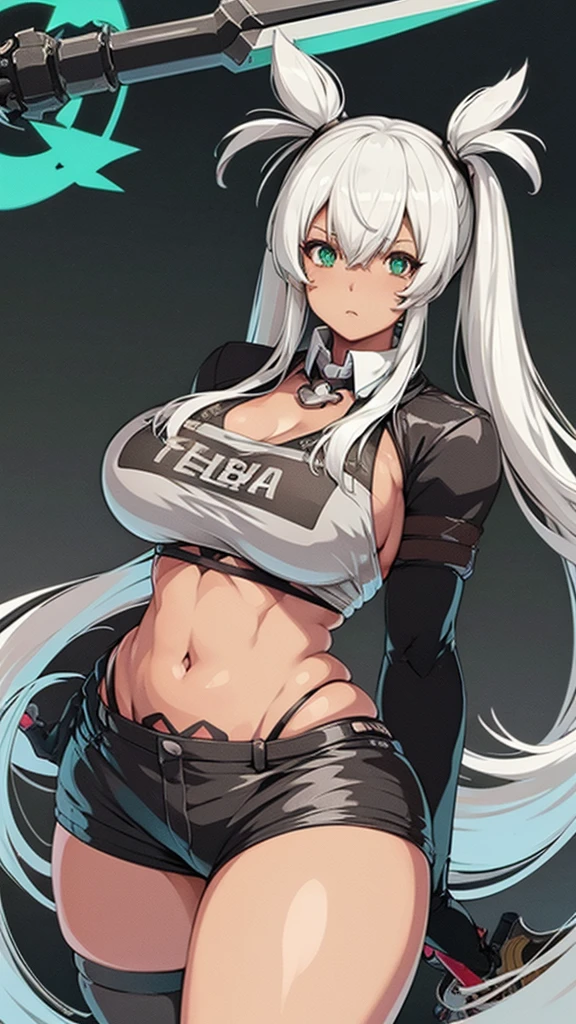 Anime, 1 girl, Alabama Def, white hair, large Double Pigtails hairstyle, big round breasts, form strong body, perfect anatomia, military's uniform, green eyes, expressive eyes, Holding a mechanical spear, large wasteland as background