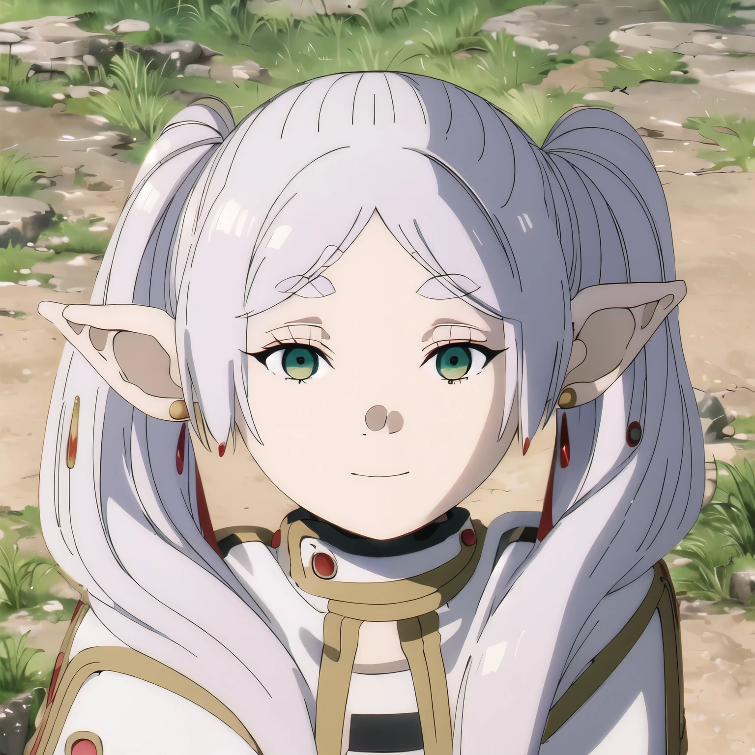 1girl, (masterpiece:1.3), (high resolution), (8K), (extremely detailed), (4k), (pixiv), perfect face, nice eyes and face, (best quality), (super detailed), detailed face and eyes, (solo), textured skin, absurdres, highres, a frog over her head, wz_sousou_no_frieren_style, wz_sousou_no_frieren_style, twintails, very long hair, silver hair, pointy ears, elf, white capelet, green eyes, black pantyhose, earrings, white skirt, belt, white sleeves, light, face picture pov zoom, smile, light rays, sunlight
