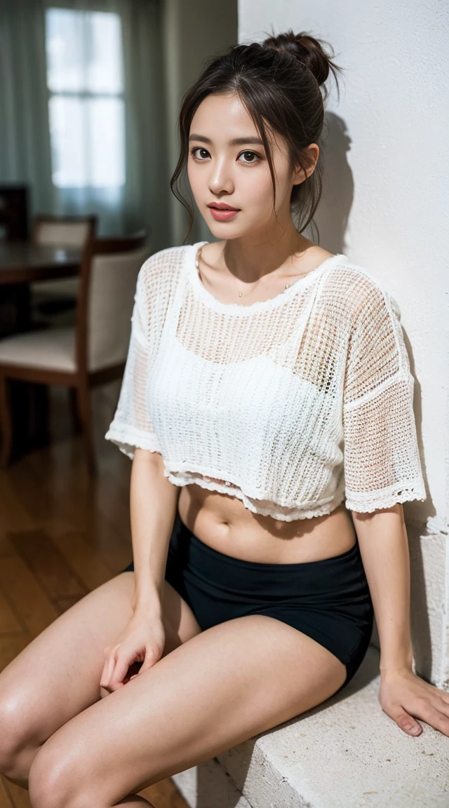 Dark brown hair、Light brown eyes、Japanese actress、 Lady、I am about 40 years old.........、(Intricate details:1.2)、 (Ultra-high resolution:1.2)、Ultra-high resolution、(fine adjustment)、(Detailed facial features)、Hmph、8k resolution、D cup size breasts、Long Hair、Bright terrace room with sunlight streaming in、Large windows、Extravagant space、relax、、,Full body photo、Head to toe shot、Beautiful feet、black Loose fit openwork T-shirt、Underwear shorts、Beautiful feet、Bright terrace room with sunlight streaming in、she, household items, (plant:0.8), Fashion Hub, Very detailed, Very detailed, Realistic, Hourglass Shaped Body, Obscene pose,、Messy Hair、Messy ponytail、Leaning against a wall、I cry a lot、tears、Skin is visible through the knit、White floor、White wall、A masterpiece of transparent painting、