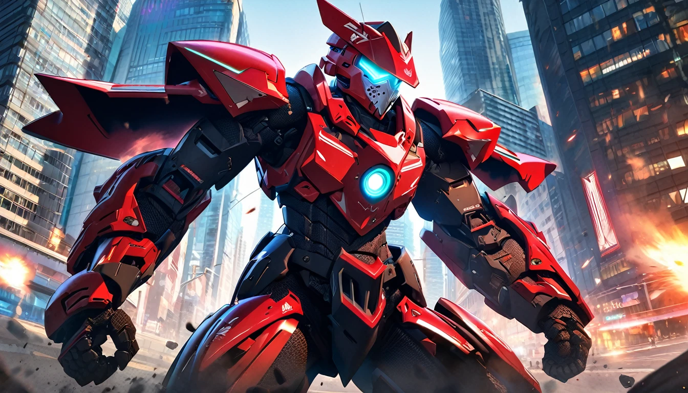 Large Mech-like suit standing, Downtown Vancouver, high-quality artwork, anime style, vibrant colors, detailed metal armour, intense lighting, cityscape background, heroic pose, dramatic shadows, carbon fibre black suit with red stripe highlights, repulser cannons on shoulders, dynamic motion, hockey goalie faceplate, hockey goalie visor, grey visor covering face, epic superhero