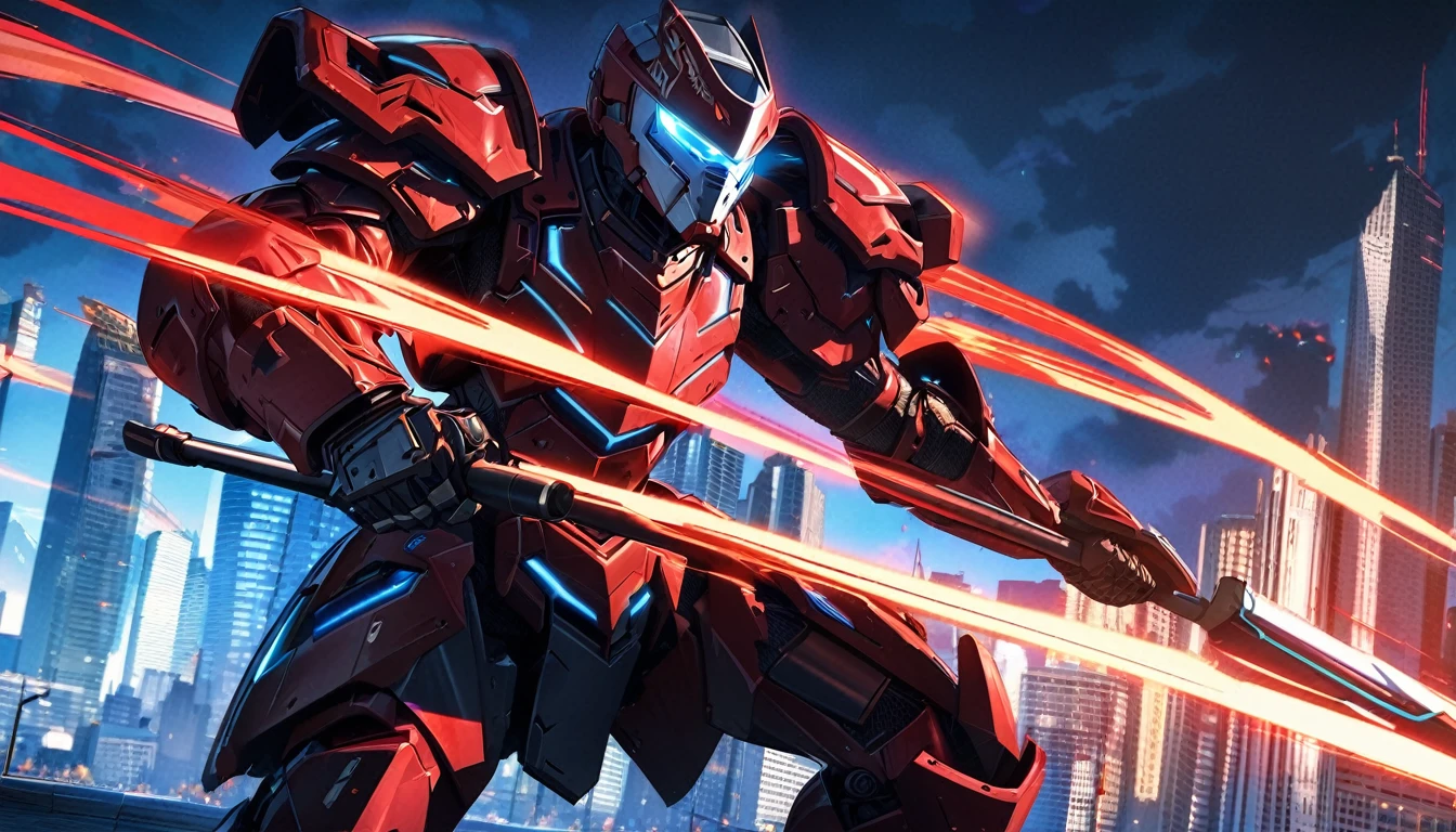 Large Mech-like suit standing, Downtown Vancouver, high-quality artwork, anime style, vibrant colors, detailed metal armour, intense lighting, cityscape background, heroic pose, dramatic shadows, carbon fibre black suit with red stripe highlights, repulser cannons on shoulders, dynamic motion, hockey goalie faceplate, hockey goalie visor, grey visor covering face, epic superhero