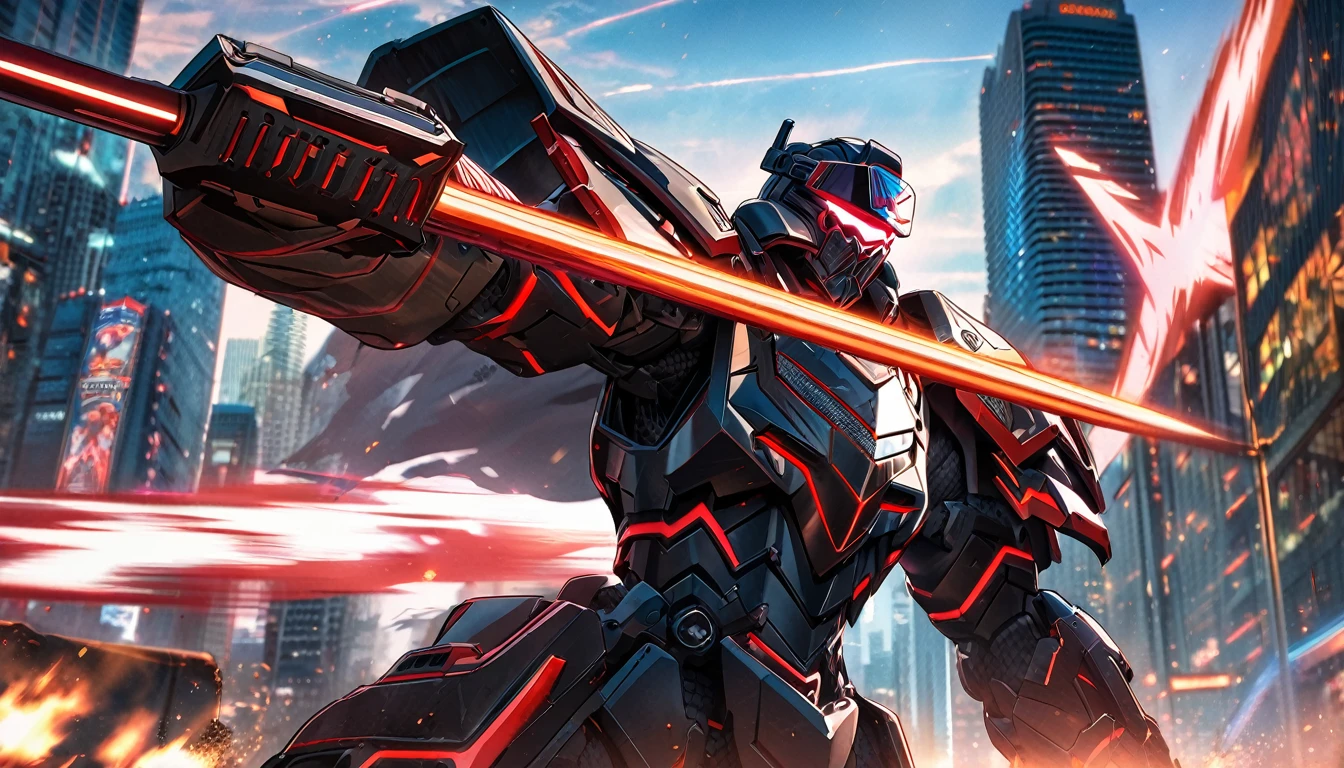 Large Mech-like suit standing, Downtown Vancouver, high-quality artwork, anime style, vibrant colors, detailed metal armour, intense lighting, cityscape background, heroic pose, dramatic shadows, carbon fibre black suit with red stripe highlights, repulser cannons on shoulders, dynamic motion, hockey goalie faceplate, hockey goalie visor, grey visor covering face, epic superhero