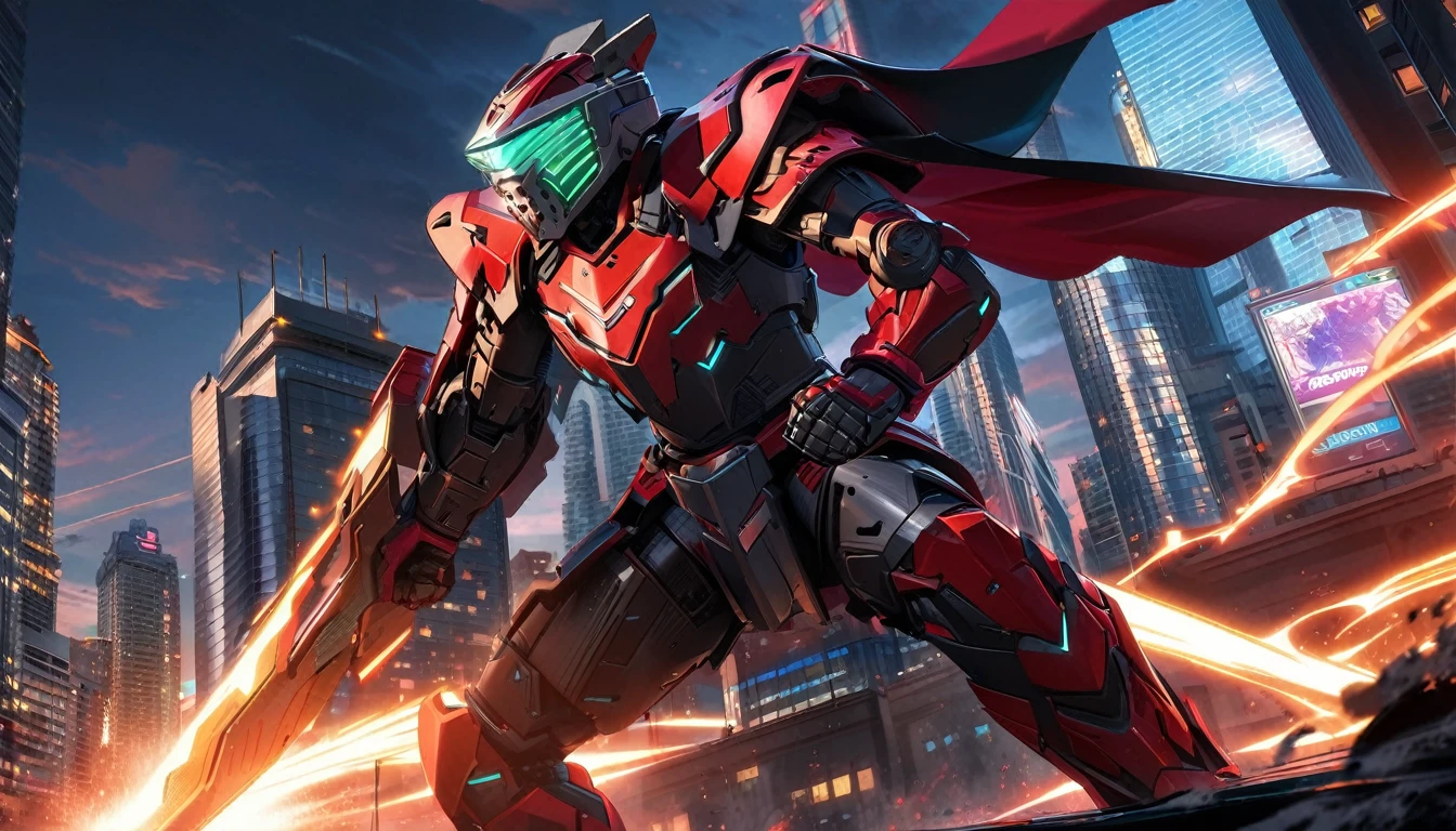 Large Mech-like suit standing, Downtown Vancouver, high-quality artwork, anime style, vibrant colors, detailed metal armour, intense lighting, cityscape background, heroic pose, dramatic shadows, carbon fibre black suit with red stripe highlights, repulser cannons on shoulders, dynamic motion, hockey goalie faceplate, hockey goalie visor, grey visor covering face, epic superhero