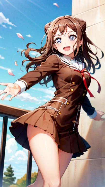 {{{masterpiece}}}, {{{best quality}}}, {{ultra-detailed}}, {illustration}, {{an extremely delicate and beautiful}}, (beautiful detailed eyes:1.6), extremely detailed face, 8k, anime face, BREAK, toyama kasumi(BanG Dream!), cute face, brown hair, cone hair bun, star hair ornament, medium breasts, thin waist, big hips, curvaceous, {school uniform}, {Hanasakigawa Girls' Academy High School Uniform(Winter clothes)}, neck ribbon, red ribbon, brown dress, white sailor collar, brown shirt, double-breasted, long sleeves, brown skirt, black socks, loafers, brown footwear, BREAK, smile, outdoors, tree, falling petals, cherry blossoms, daytime, In front of the school gate, outstretched arms, open mouth, under the sunlight , from below, sky