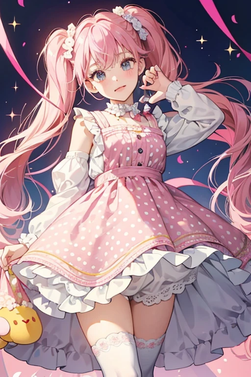 Sprinkle is fair-skinned with big black button eyes and soft pink cheeks. She has pink hair with straight cut bangs divided in four sections and low, small pigtails worn at the lower-middle of her head. She can often be depicted with a chocolate stain by one of her cheeks or side of her lip.
Sprinkle wears a pink dress with magenta polka dots patterned all over it. Tied over the dress is a hand-knit pale yellow bib with frilled lining and the word 'Yum' sewn onto it with pink string. She also has on a pair of yellow booties and plain white bloomers underneath her dress. SPARKLE; GLITTER